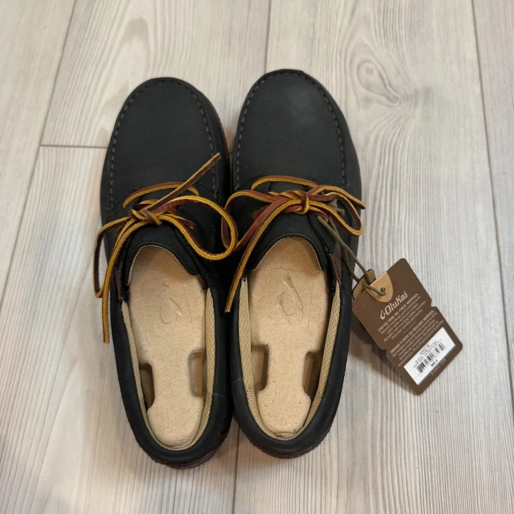 NEW OluKai Mano Black Kona Coffee Waterproof Leather Boat Shoes Mens 9.5